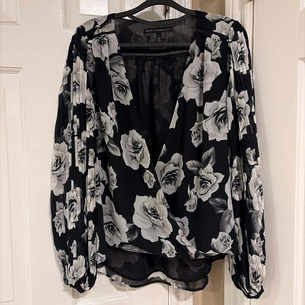 White House Black Market Floral Pleated Long Puff Sleeve Blouse Size 4